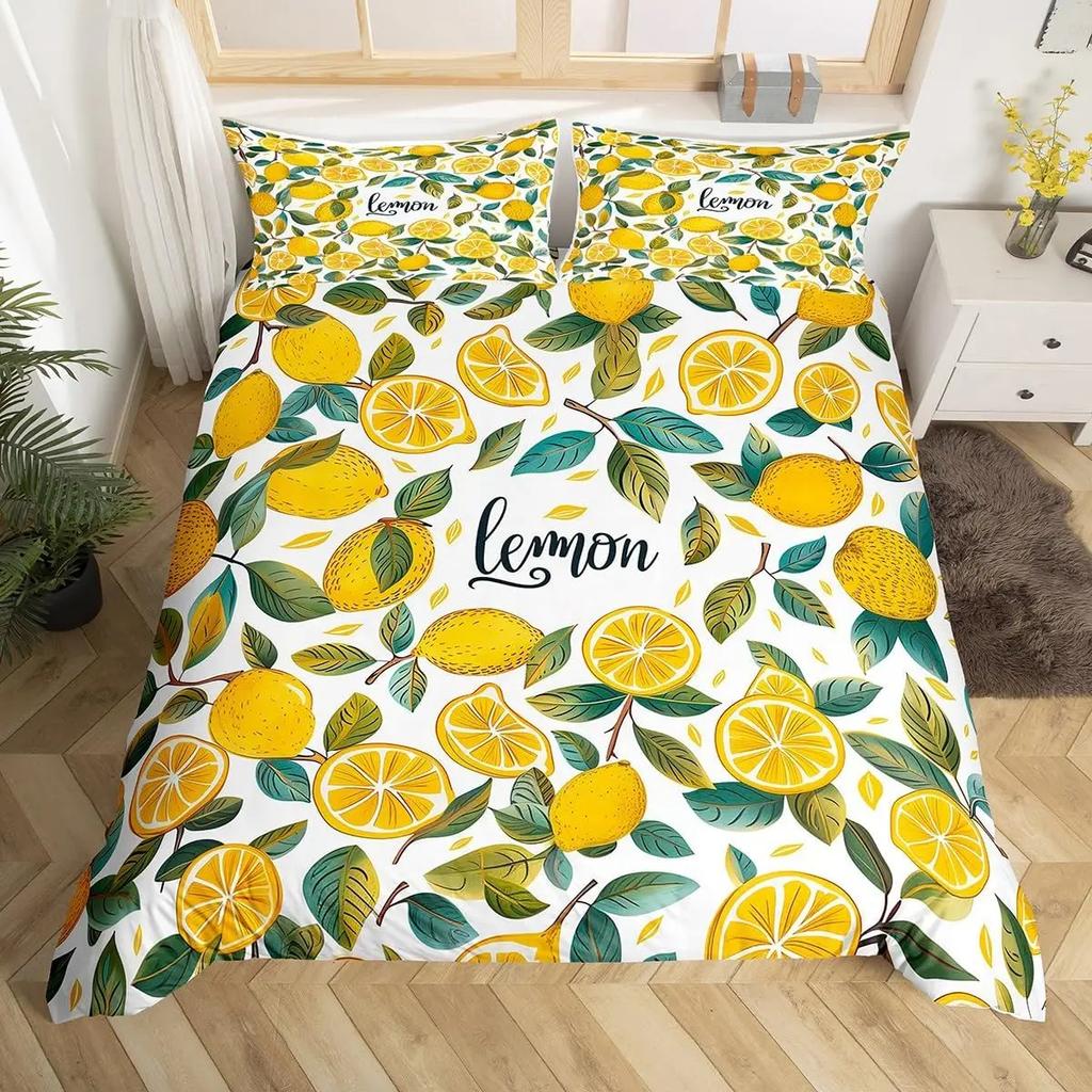 Lemon Duvet Cover Queen King Size For Girls Teens 3 Pcs Summer Cool Style Fruits Lemon Print Bedding Set, Leaves Comforter Cover
