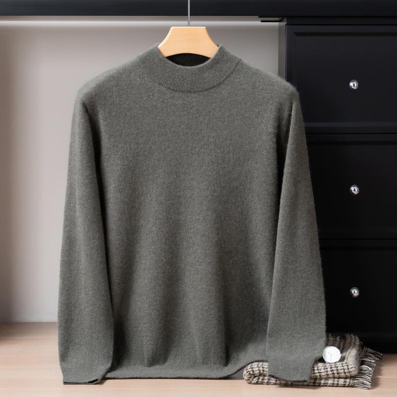 Men's 12-Gauge Double-Layer Cashmere Mock Neck Sweater, Long-Sleeved, Versatile Business Casual, Warm Knitted Base Layer