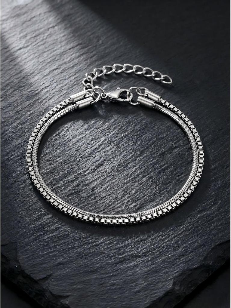 2pcs/set Thin Chain Bracelet for Men Boys,Stainless Steel Silver Color Box Chain Wristband,Minimalist Jewelry Gift