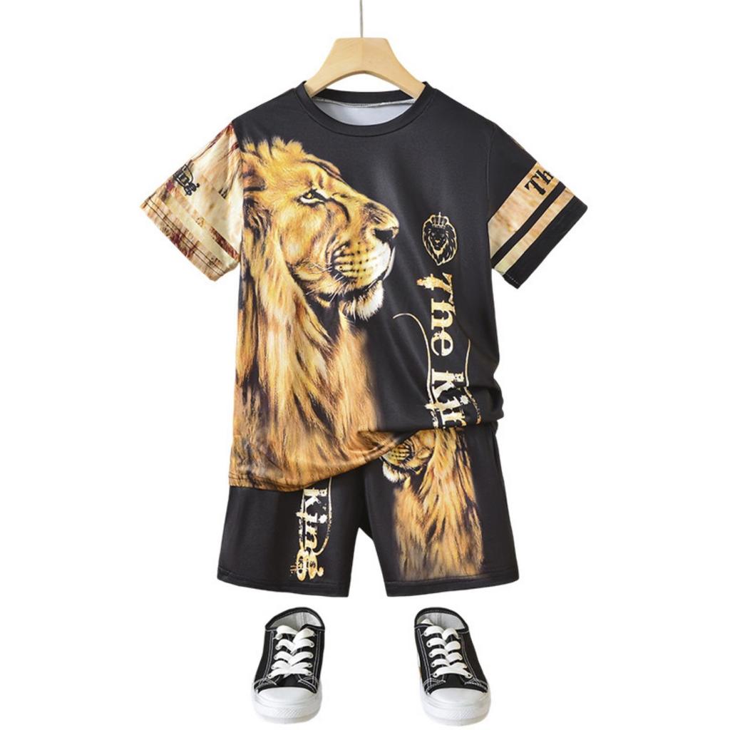 Two piece set of boys' 3D animal printed casual clothing short sleeved shorts set Tiger Lion
