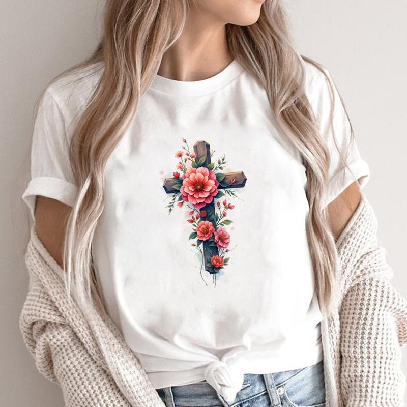 (Asian Size) lovely flower style cute Print Short Sleeve T-shirts Casual Women's Top T Clothing O-neck Fashion Female Graphic Tee