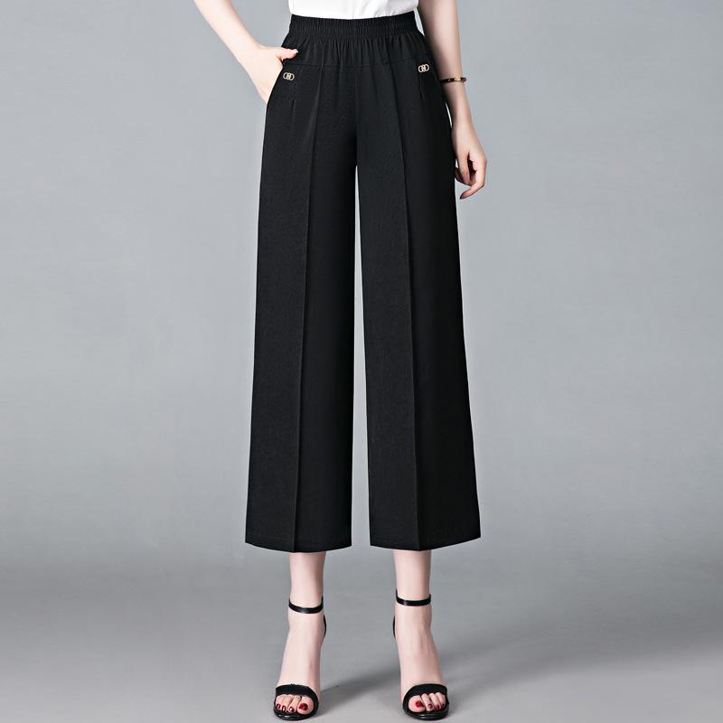 

Повседневные укороченные брюки для мамы, прямые, с высокой талией, летние, из ледяного шелка, женские брюки широкие от бедра для женщин среднего и пожилого возраста 5XL чёрный