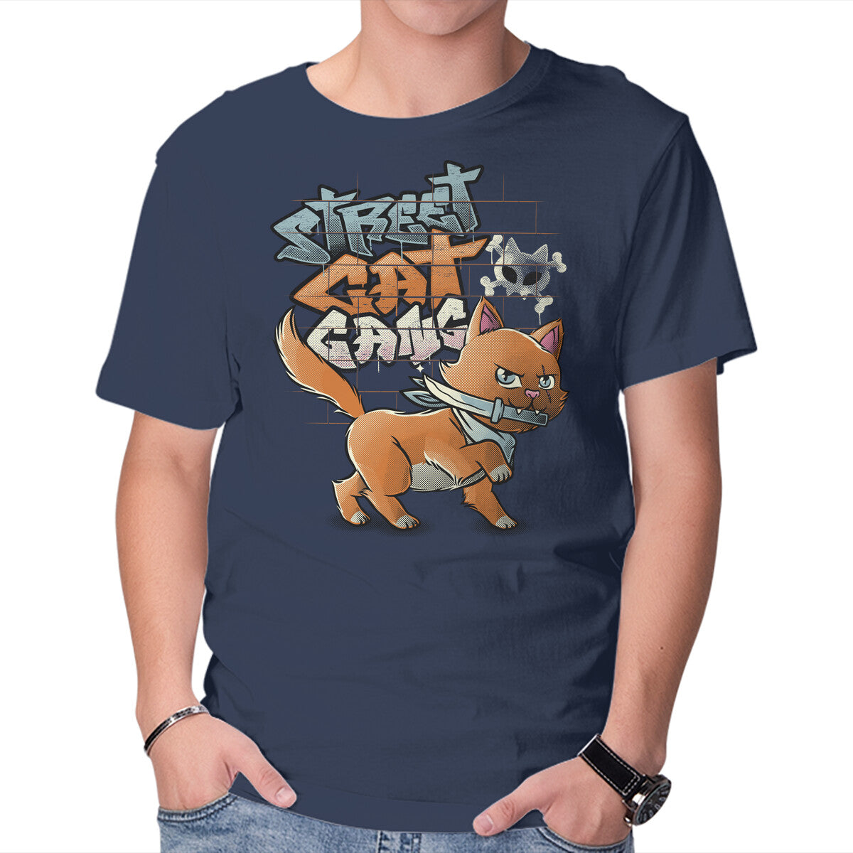 Unisex Crew Neck T-Shirt Cat Gang Graphic Short Sleeve Casual Tee M