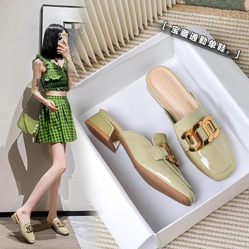 

New Women Shoes Modern Leather Slipper Summer Girl Patent Leather Slides High Heels Sandals 34 зелёный