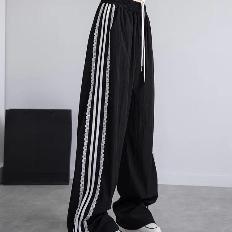 Korean Lace Patchwork Women's Trousers, Side Stripe Webbing Wide-Leg Pants, Casual Baggy Sweatpants, Women's Pants Trend 2026