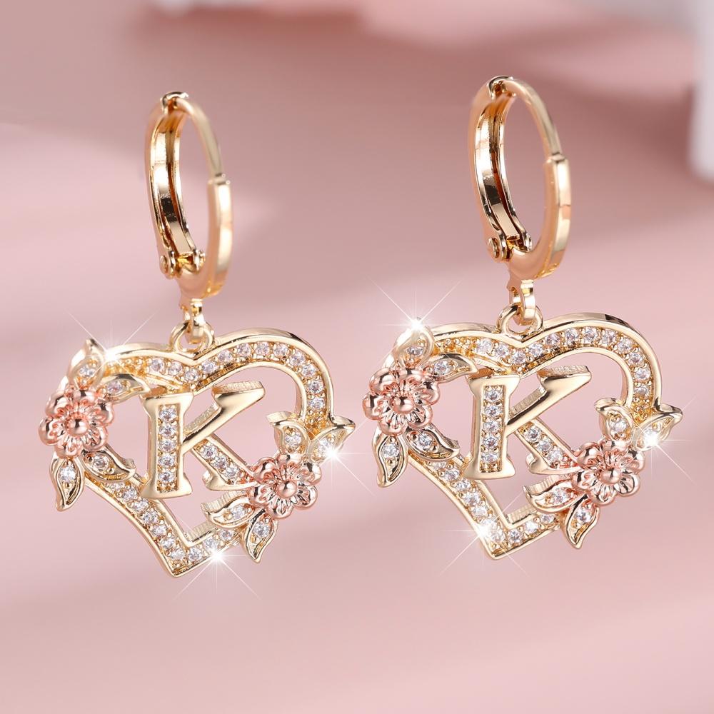 A-Z 26 Buchstaben Damen Herz Blume Creolen Vintage Goldfarbe Weiß Zirkon Hochzeits Schmuck Für Frauen