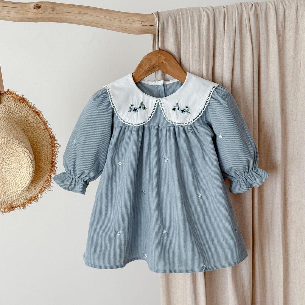 Šaty s výšivkou na límci s dlouhým rukávem a body set v korejském stylu pro holčičky