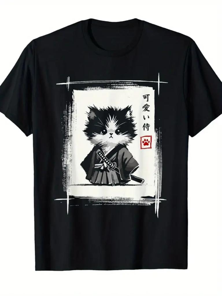 Men'S Samurai Cat Japanese Ink Painting Art T-Shirt - A Charming Anime-Style Graphic Tee Featuring Japanese Text And a V