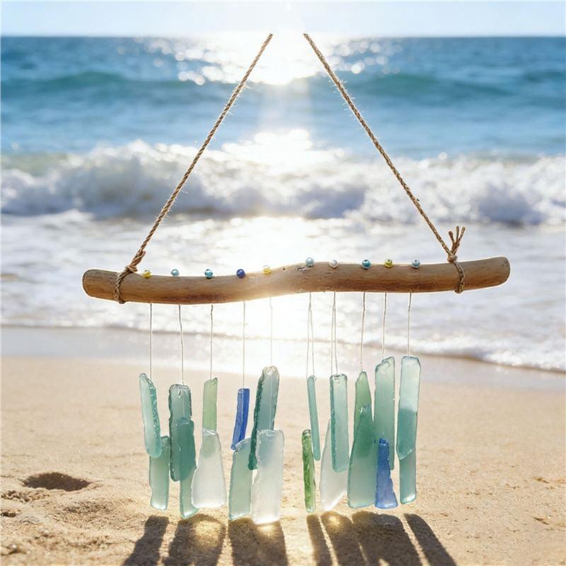Campanelli a Vento in Vetro di Mare e Legno Galleggiante Campanelli Musicali Campanelli a Vento Artigianali Decorazioni da Appendere sulla Spiaggia Decorazione per Giardino Esterno
