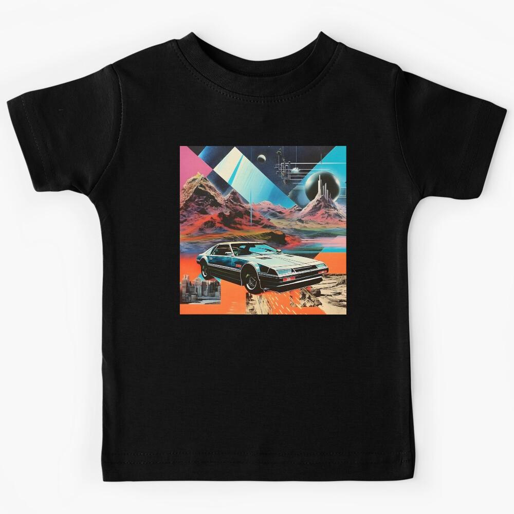 Metallic Color Retro Futuristic Sports Car and Collage Style Mountain Landscape Kids T-Shirt 170