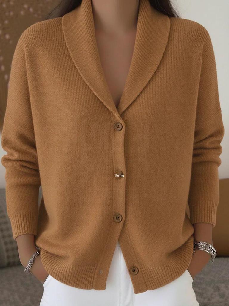 2026 Europäischer & Amerikanischer Herbst/Winter Strick-Cardigan: Damen Pullover mit lockerem Revers, Knöpfen, einfarbig, langärmlig.