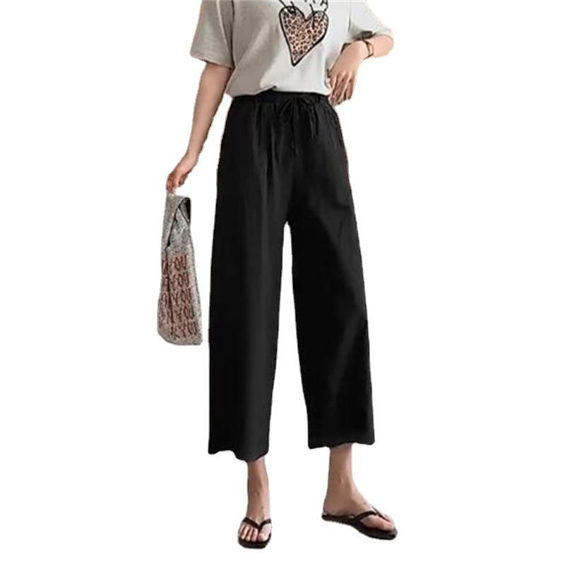 Široké kalhoty pro dámské léto Bavlněné lněné kalhoty Pevný elastický pas Prodyšný Volný střih Kalhoty velké velikosti