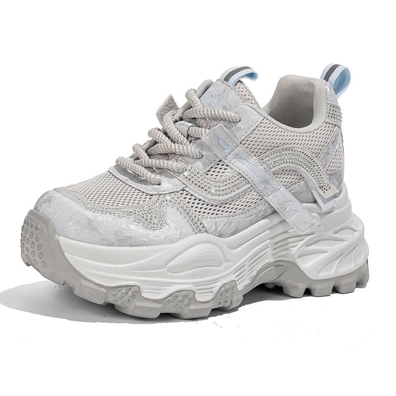 Sneakers Women S Summer Mesh Breathable Thick Sole Heightening Women S Shoes Versatile Rhinestone Popular Dad Shoes 34