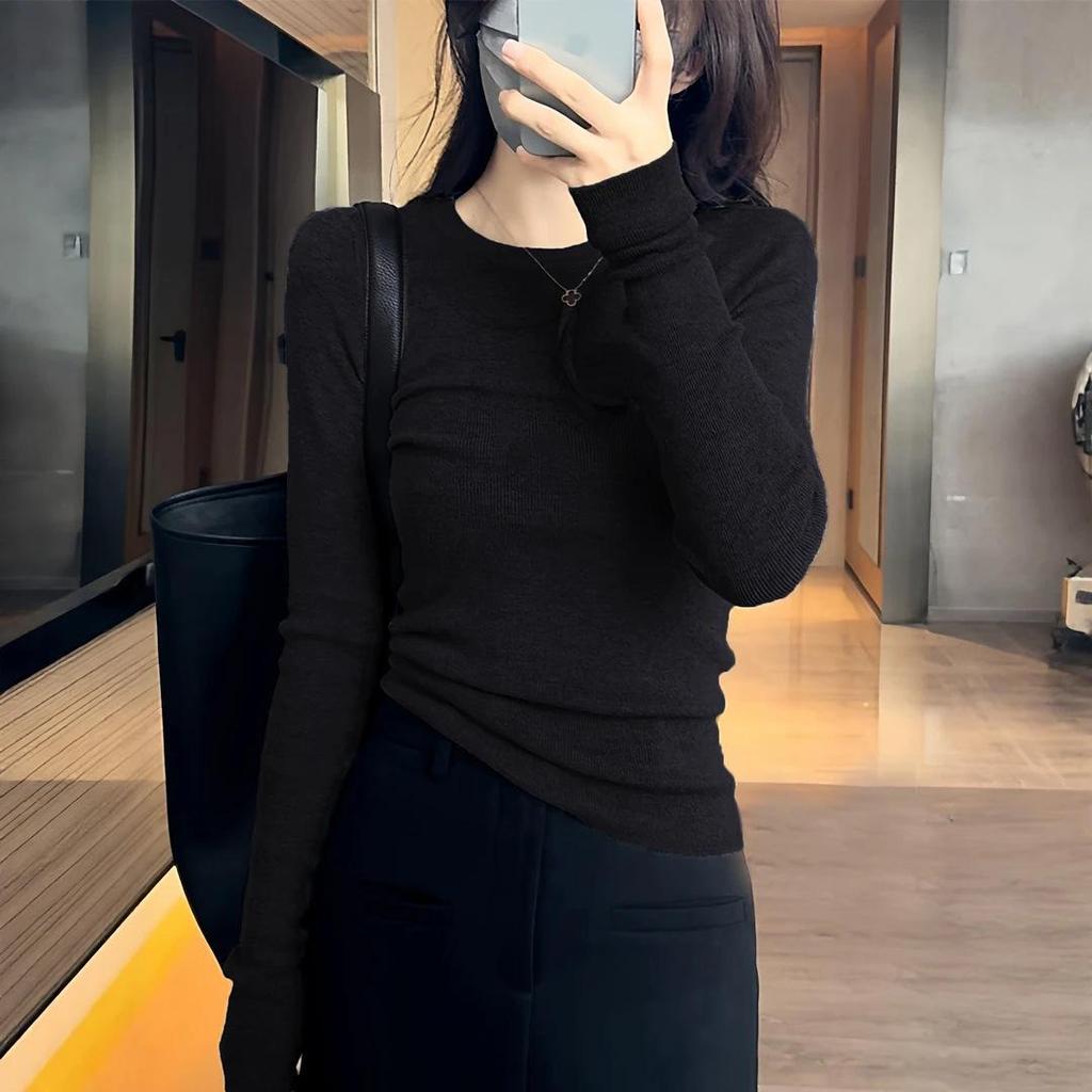 2026 Women's High-End Slim Fit Wool Sweater - Round Neck, Long Sleeve, Regular Shoulder, Autumn/Winter Base Layer.