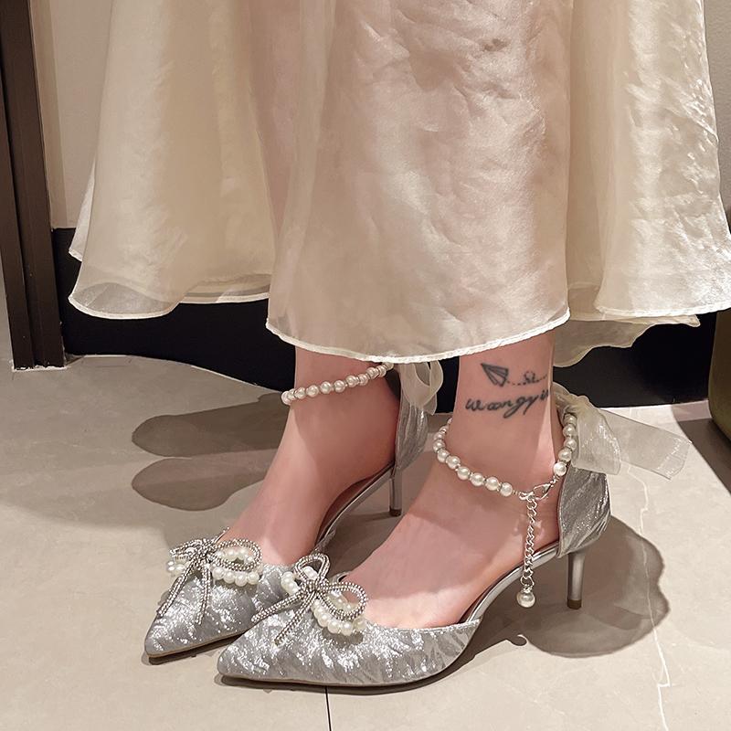 

Summer New Solid Color Fine Heel Pointed High Heel Bow Buckle Slippers Fashion Comfortable Sexy Casual Party Women s Shoes 35