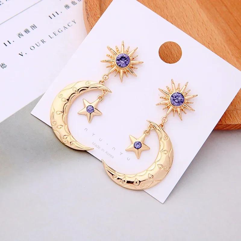 New Fashion Sun Star Moon Drop Earrings Women Purple Cubic Zircon Dance Bohemia Handmade Crystal Moon Star Drop Dangle Earring