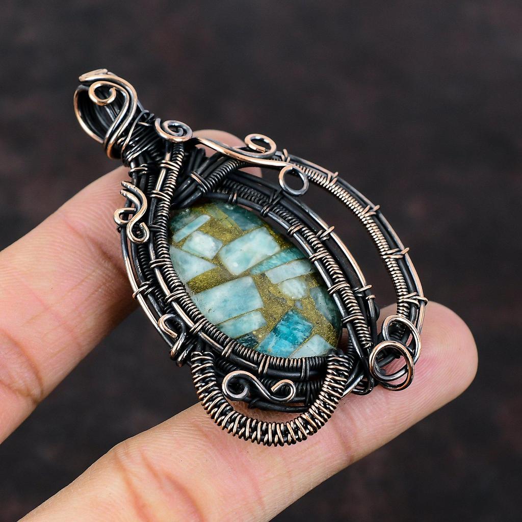 Copper Amazonite Pendant Copper Wire Wrapped Pendant Natural Gemstone Handmade Pendant Copper Wire Wrap Jewelry Elegant Pendant Gift For Him