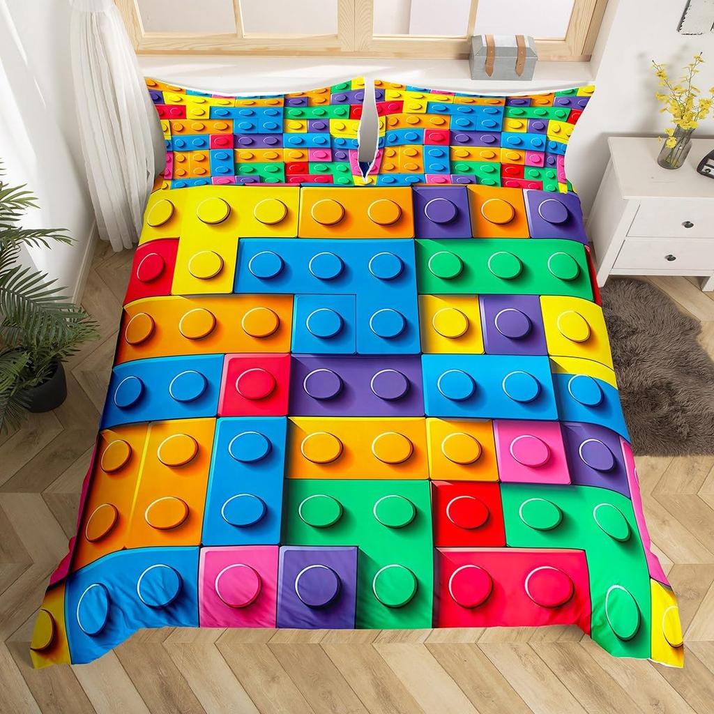 Building Block Duvet Cover Twin King Rainbow Construction Bedding Set Colorful Bricks Comforter Cover For Teen Girls Room Decor