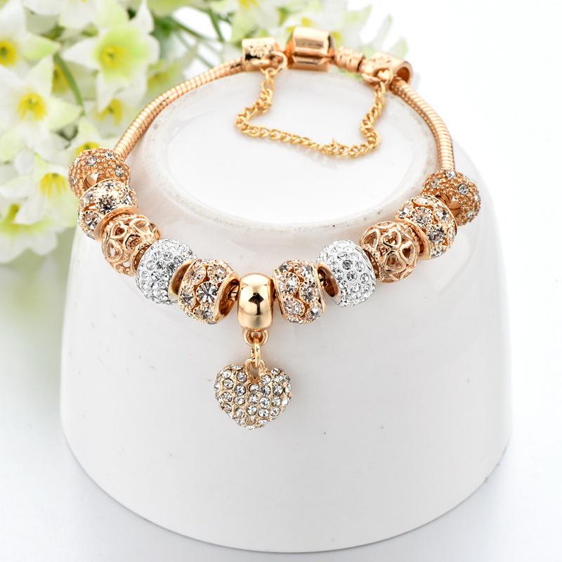 New Panjia Style Gold-Plated Beaded Bracelet with Full Diamond Love Design