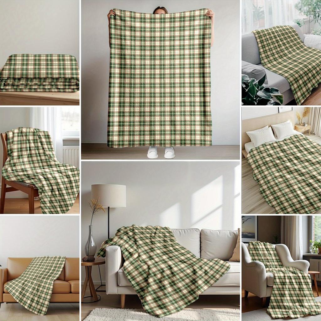 1pc Green & Beige Plaid Flannel Blanket - Soft Cozy All-Season Throw for Bed, Sofa, Car, Camping - Contemporary Style with Beige
