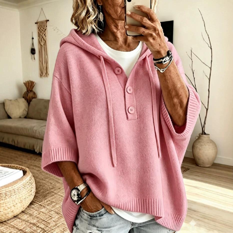 2026 Women's Autumn and Winter New Sweater European and American Button Knitted Hooded Half Open Button Lazy Wind Solid Color Versatile
