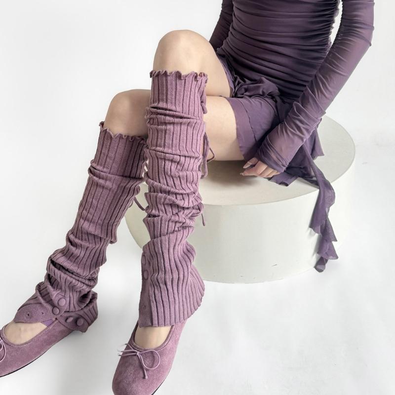 Ribbed Knit Thigh High Footless Long Socks with Button Detail Split Designs Over Knee Leg Warmers for Dance Enthusiasts