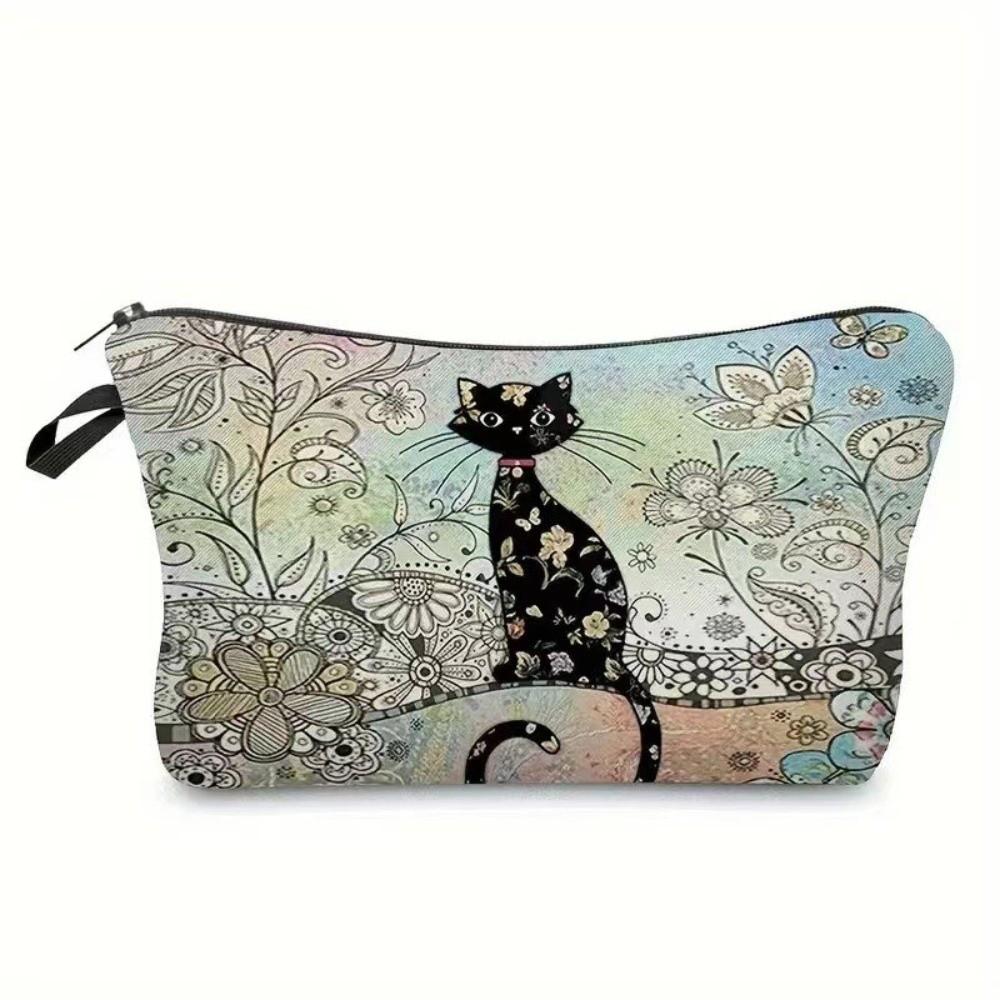 Cute Black Cat Print Cosmetic Bag Large Capacity Polyester Makeup Organizer Portable with Zipper Tarvel Storage Bag