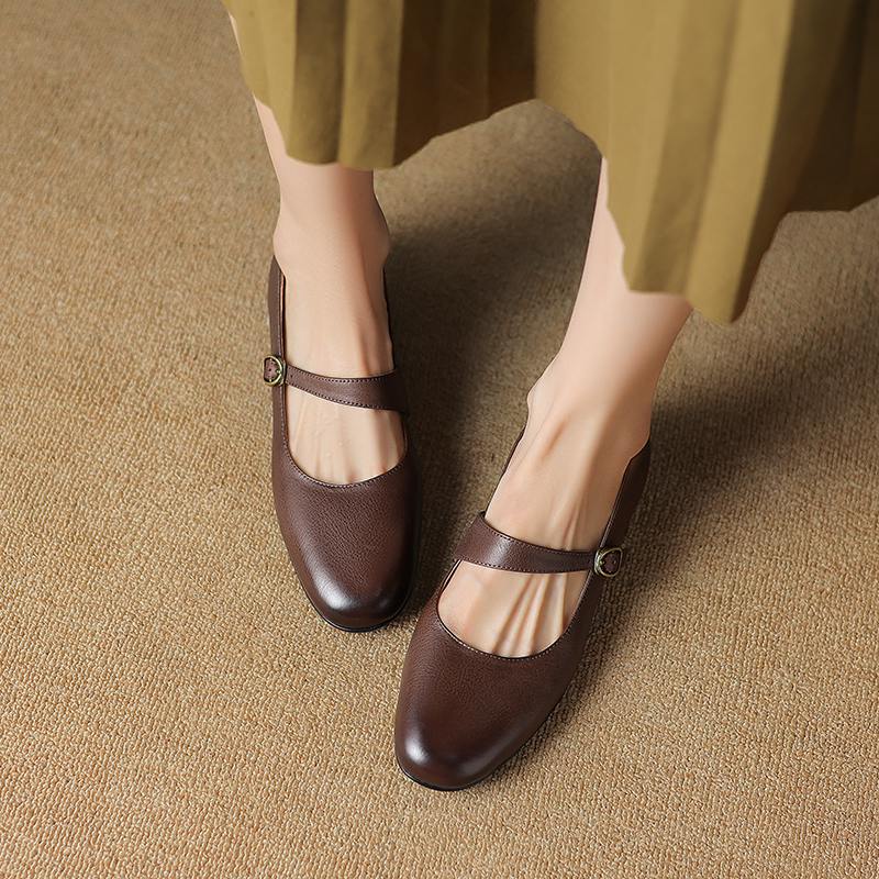 Hovězí kůže s kulatou špičkou tlusté střední podpatky podzimní boty Mary Janes pevné dámské lodičky