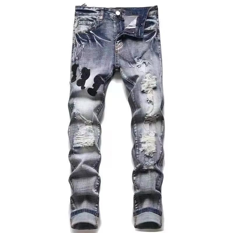 AM Trendige Herren Slim Fit Ripped Patchwork Jeans mit Stickerei M (29) gray