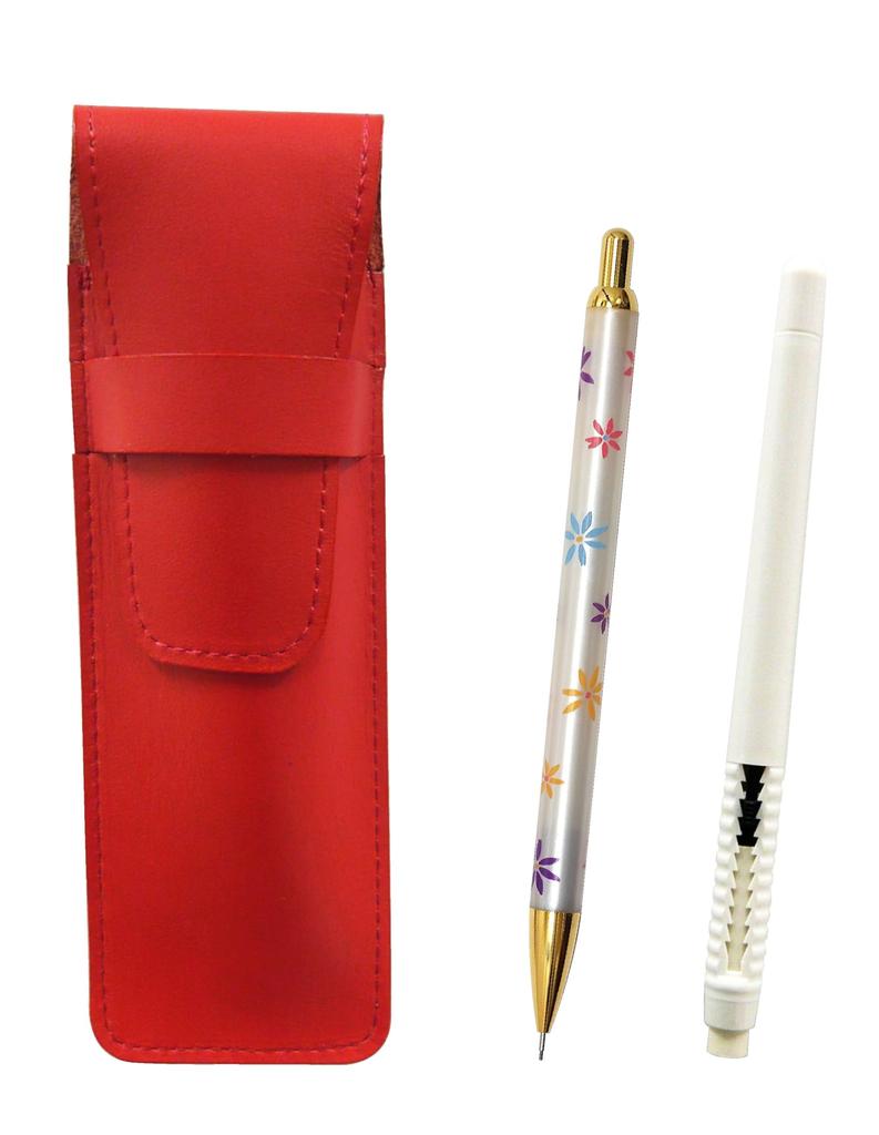 2 Pack Slim Cowhide Pencil Case Red Pen Eraser White and Floral Mechanical Pencil Set ASRMC46W-HS380S-2