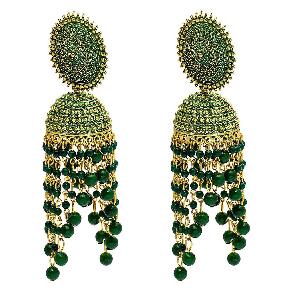Women's Traditonal Indian Antique Gold Plated Black Meenakari, CZ, Pearls Jhumka Earrings