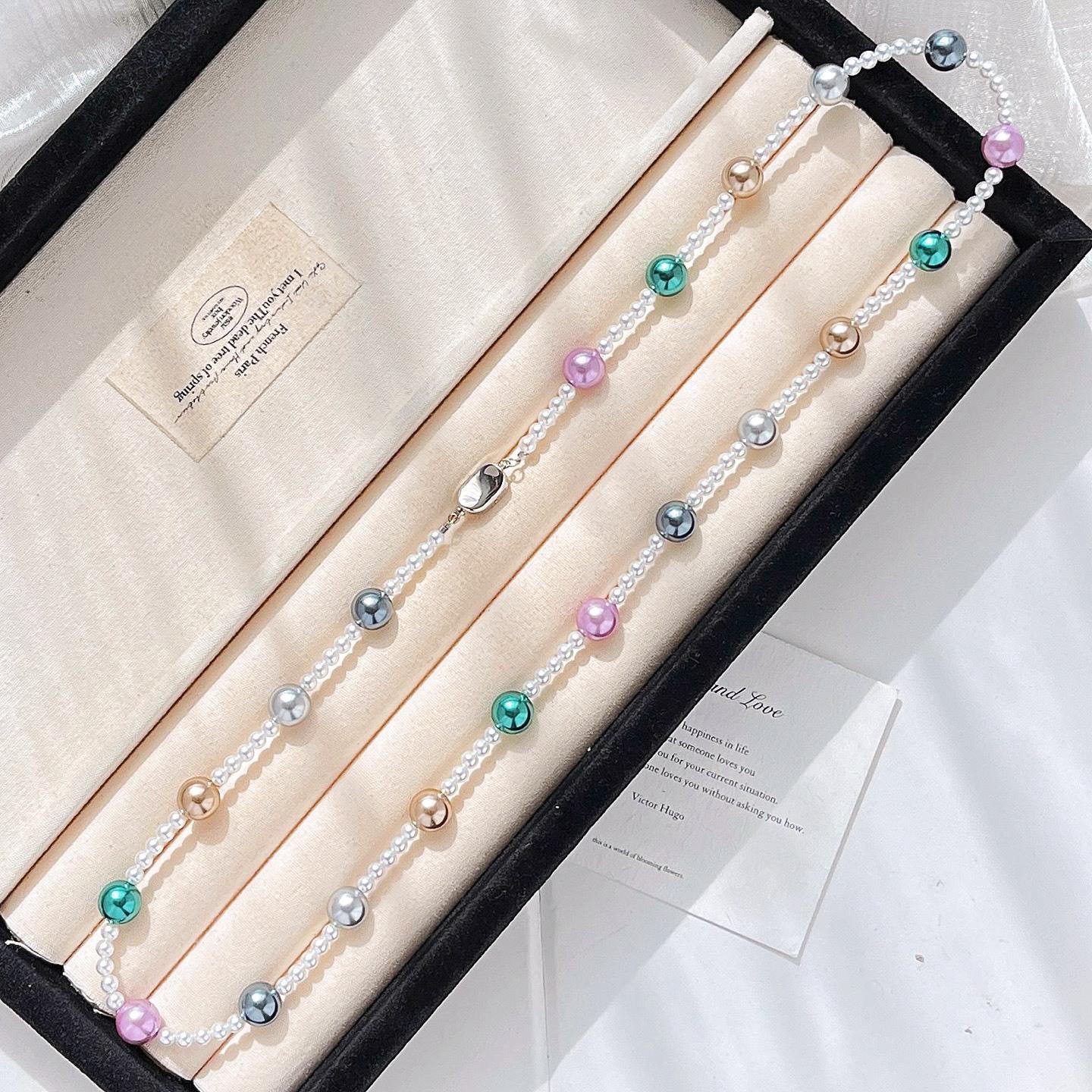 

High Quality Colorful Artificial Crystal Pearl Necklace Neck Chain Sweater Chain Women
