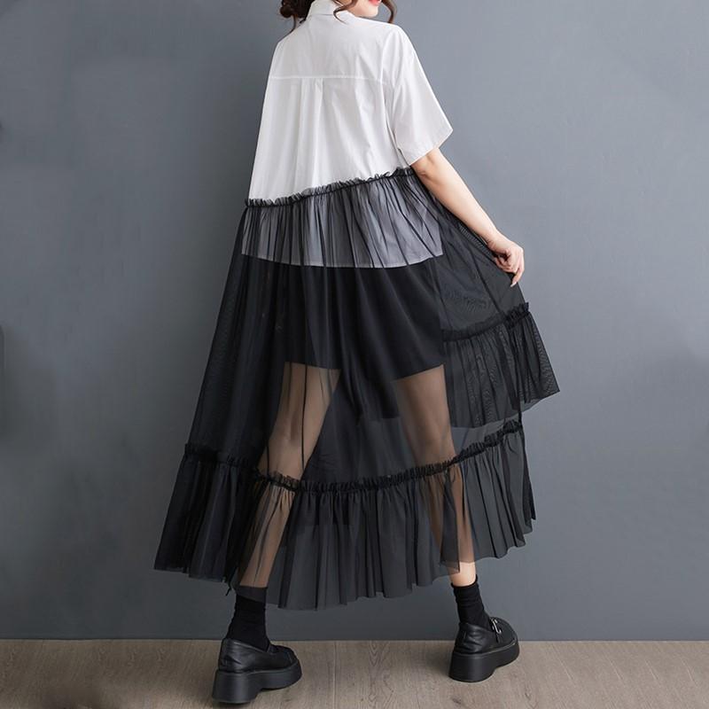 Kurzarm-Kleid aus Netzstoff in Übergröße, neu im Vintage-Stil, für Damen, lässig, locker, lang, Sommer-Hemdkleid