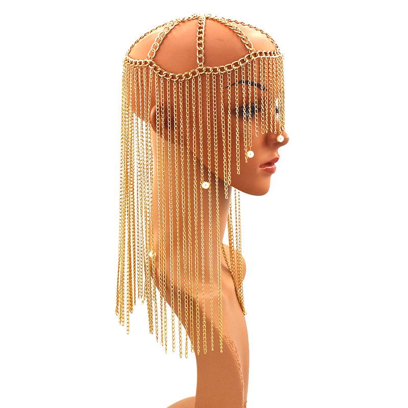Exaggerated Long Tassel Aluminum Chain Headpiece with Pearl Pendant for Women