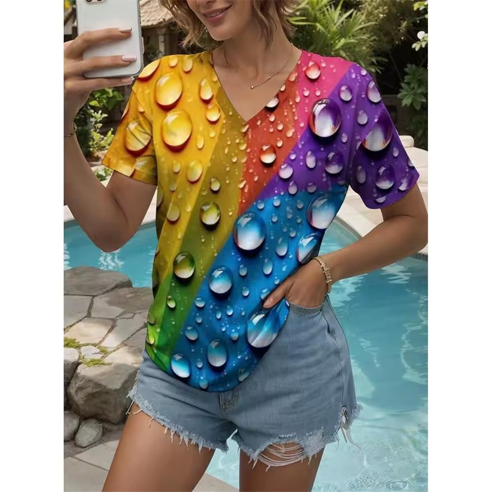 Summer New Women's T-shirt 3D Simple Printing V-neck Short Sleeve Shirt Fashion Plus Size T-shirt Clothing Y2k Women's T-shirt