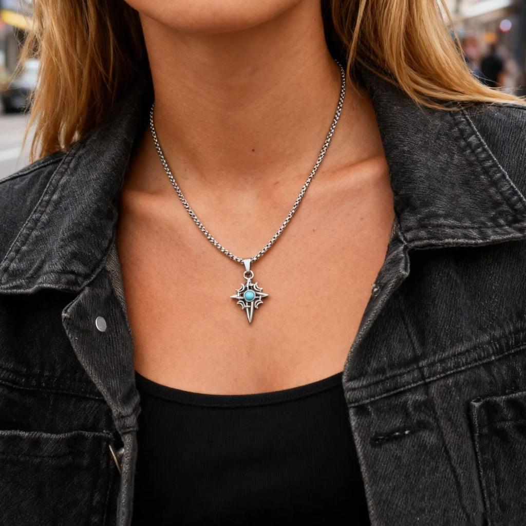 Stainless Steel Pendant Necklace For Men And Women, Punk Rock Street Style, Pretty Unique Turquoise Inlay Necklace