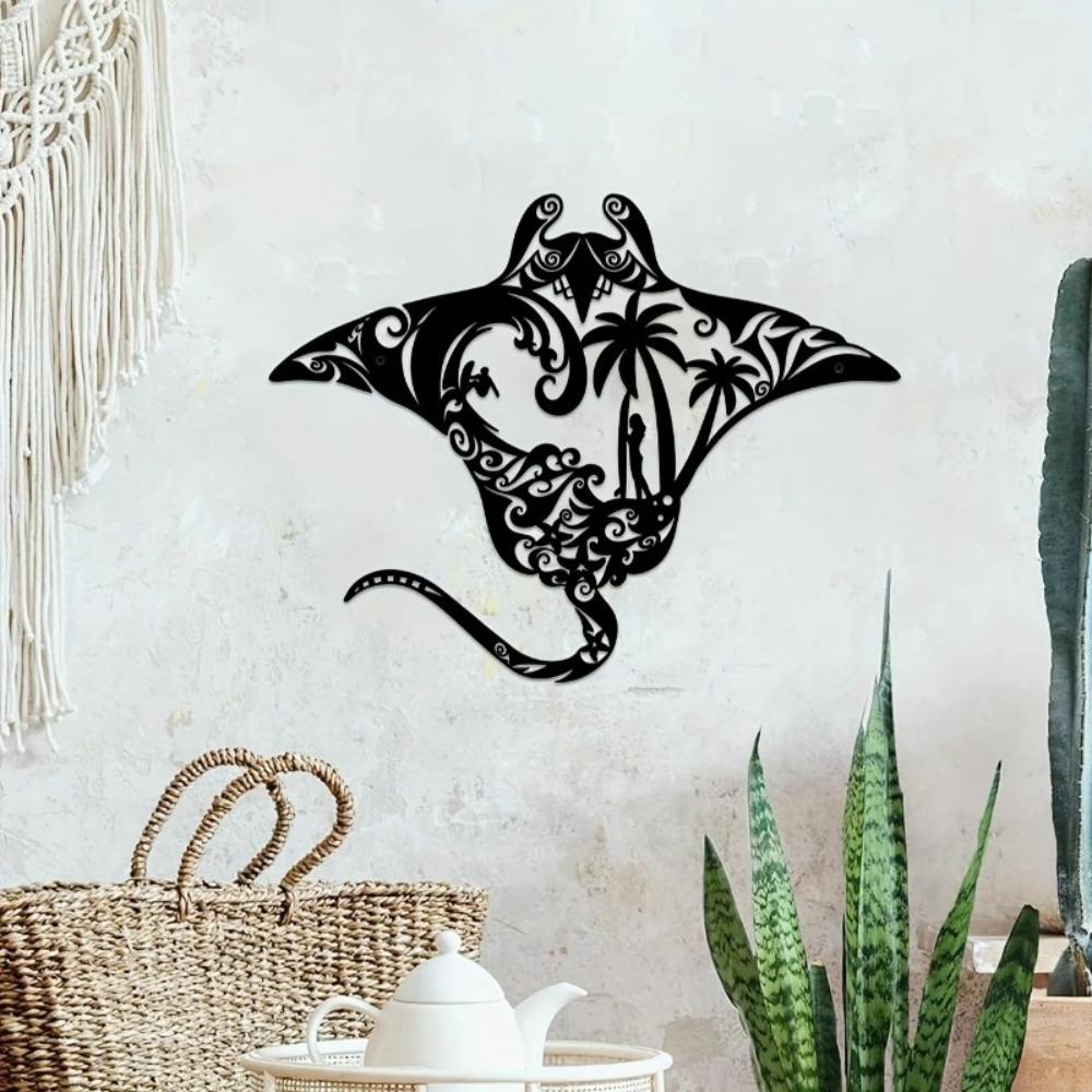 13.7 Inch Tropical Manta Ray Iron Wall Art, Metal Painting for Garden Patio Outdoor Decor, Island Style Seaside Retreat