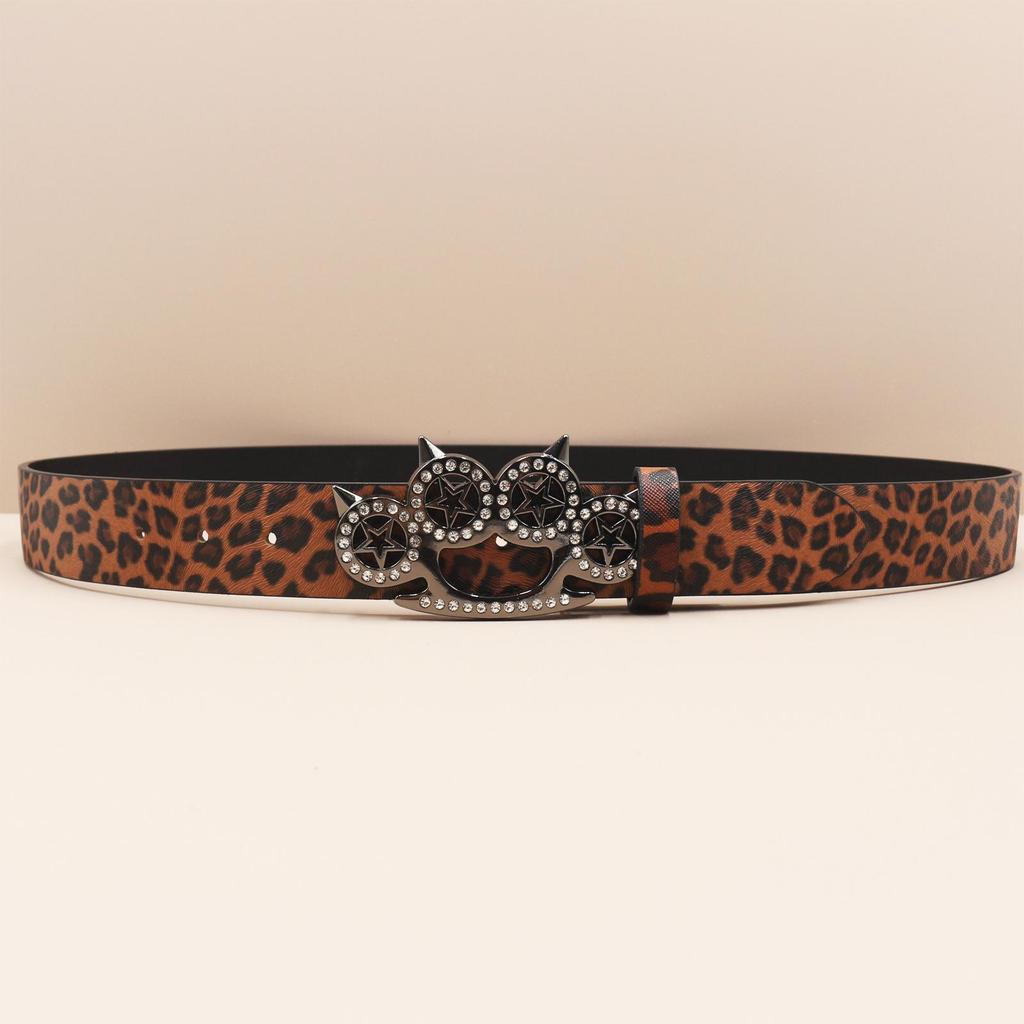 Y2K Leopard Print Rhinestone Tiger Claw Punk Women's Leather Belt