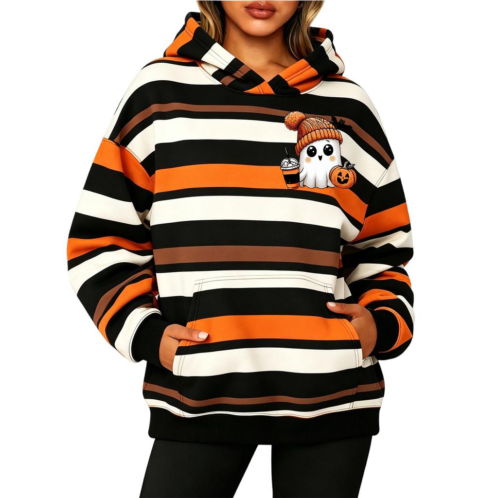 Women's Long Sleeve Striped Print Pullover Hoodie Sweatshirt with Pockets for Halloween