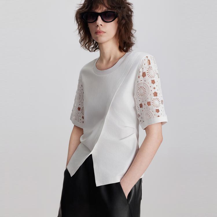 ELLE Cotton Round Neck Top With Hollow Out Split Short Sleeves Women tops White ET47452