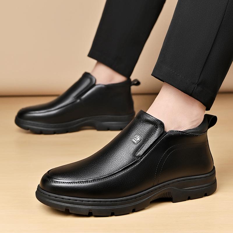 Men's 2025 Winter Genuine Leather Fleece-Lined High-Top Snow Boots with Thick Soles for Middle-Aged and Elderly