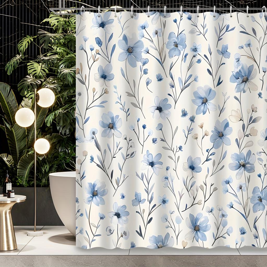 1Pc Blue Elegant Floral Botanical Small Flowers Textured Shower Curtain, Decorative Printed Shower Curtain With Hooks
