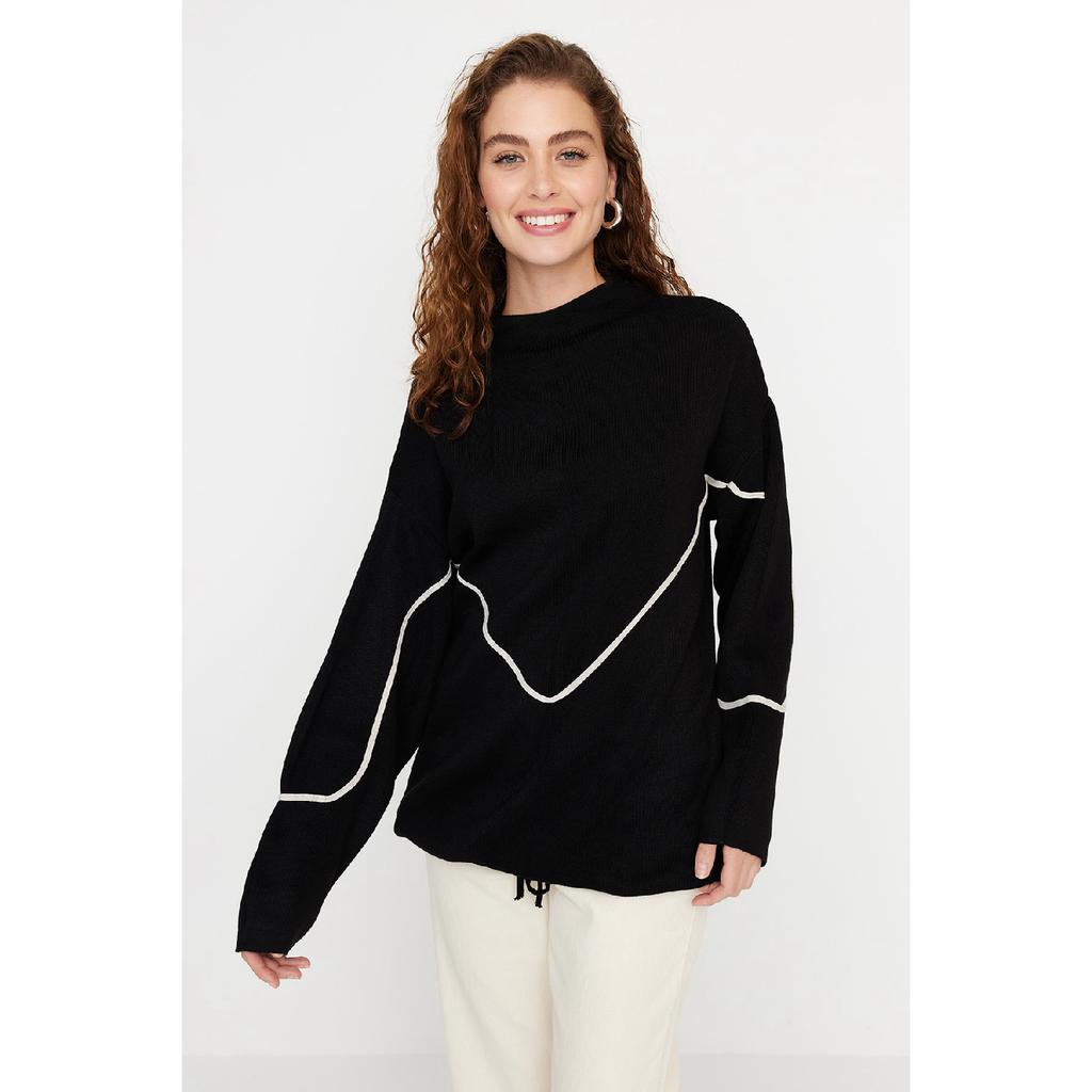 Ecru Stripe Piping Detailed Knitwear Sweater Tctaw22ak0002