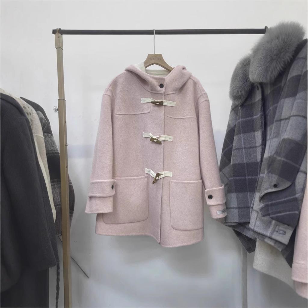 Spring, Autumn and Winter Hooded Double-sided Woolen Coat Jacket Women's Woolen Cloth Simple and Versatile Casual Commuting Horn Buckle