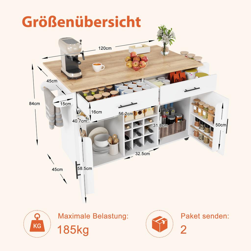 Kücheninsel mit klappbarer Arbeitsplatte, Rollwagen, 2 Schubladen, Wein- und Gewürzregal, Handtuchhalter, Platzsparendes Design für Küche & Esszimmer