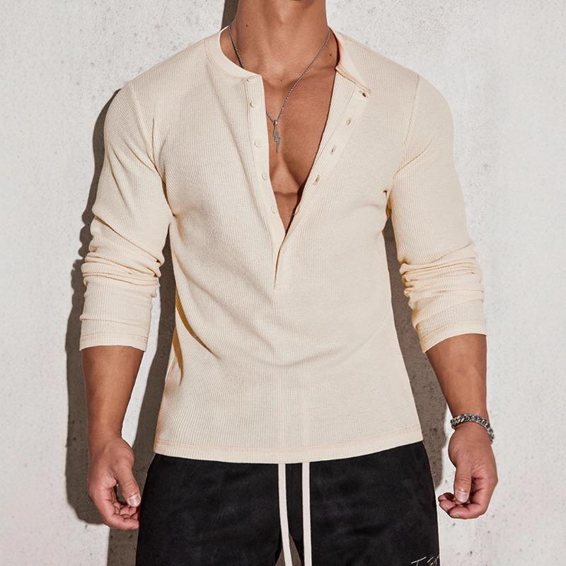 Men Henley Neck Long Sleeve Ribbed Knit Casual Shirt S