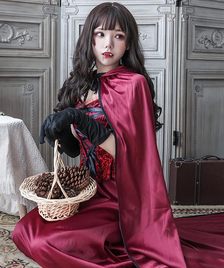 [Milky Time] Little Red Riding Hood Halloween Cosplay Costume, Long Dress with Cloak