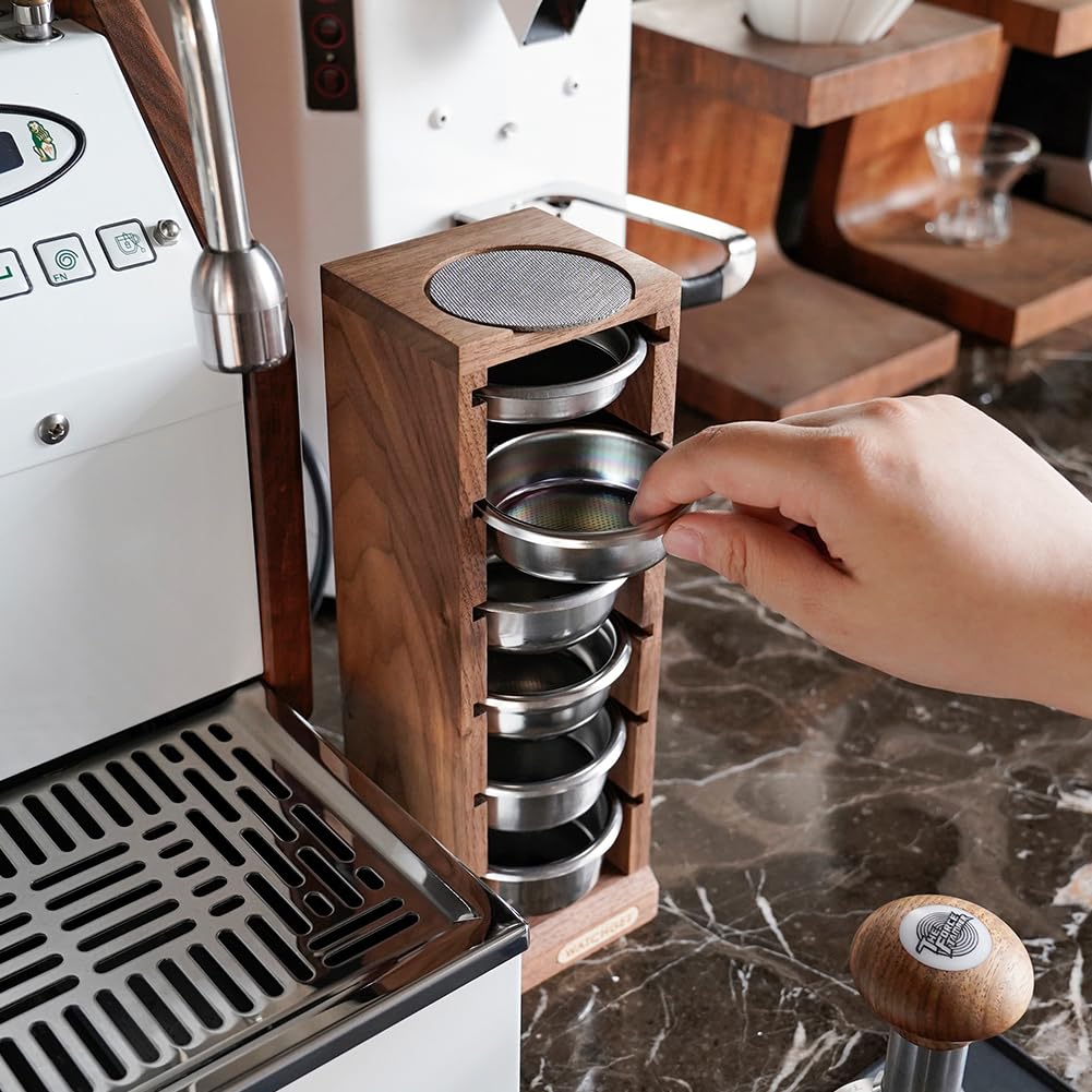 watchget Portafilter Basket Stand, Portafilter Basket Storage Rack, Espresso Pack Screen Storage, Coffee Tool, Fits 58mm Portafilter Baskets, Walnut