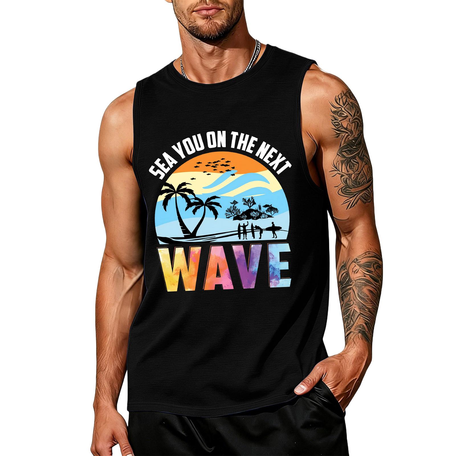 Men s loose and casual Hawaiian print sleeveless shirt XXXXL