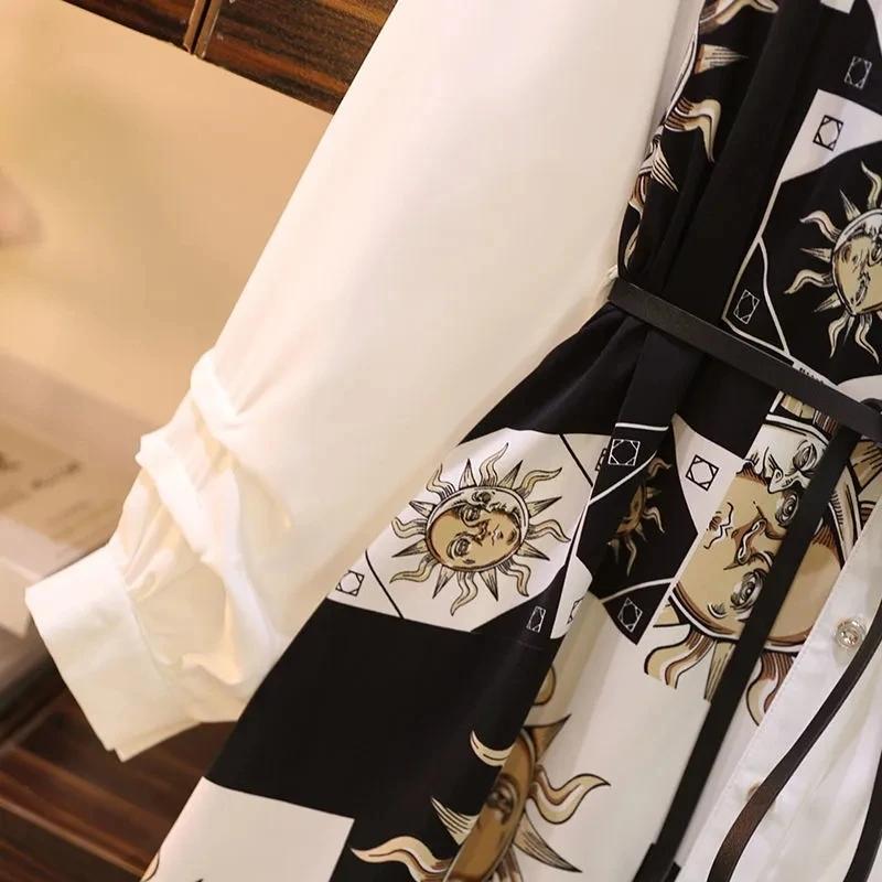 Eleganti Abiti Monopetto al Ginocchio da Donna Stampa Vintage A-line Larghi Collo Polo Donna Primavera Taglie Forti